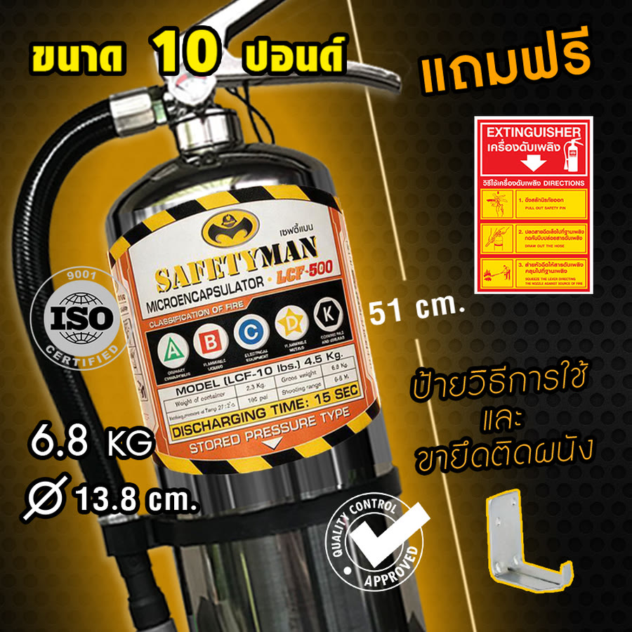ฉลากถังดับเพลิง LCF-500 แสดงประเภทไฟ A B C D K และสเปกถัง 10 ปอนด์ เซฟตี้แมน (SAFETYMAN)