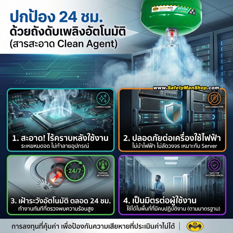 ถังดับเพลิงอัตโนมัติ Clean Agent สำหรับห้องเซิร์ฟเวอร์และอุปกรณ์ไฟฟ้า — SAFETYMAN