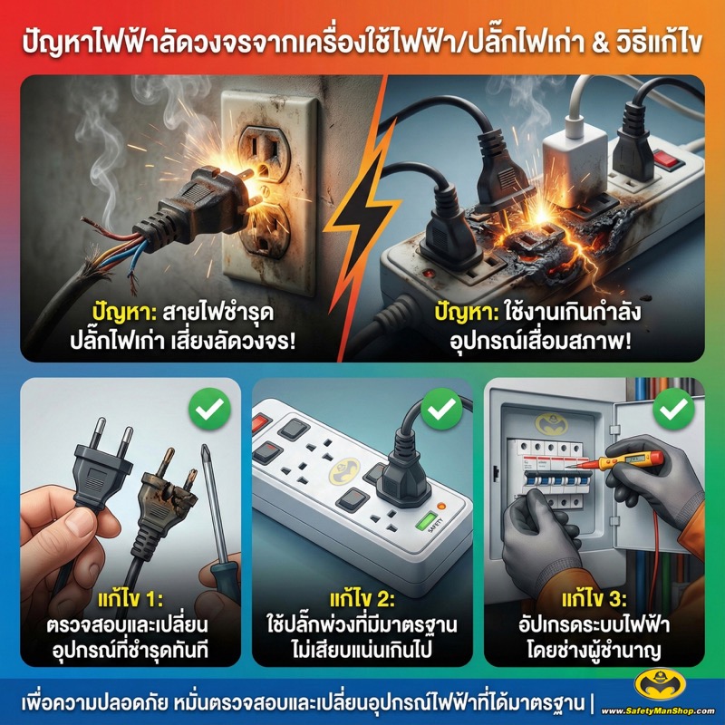 ปลั๊กไฟชำรุดและสายไฟขาดรุ่ยเป็นสาเหตุไฟฟ้าลัดวงจรในบ้าน — คู่มือป้องกันไฟไหม้จากไฟฟ้า SAFETYMAN