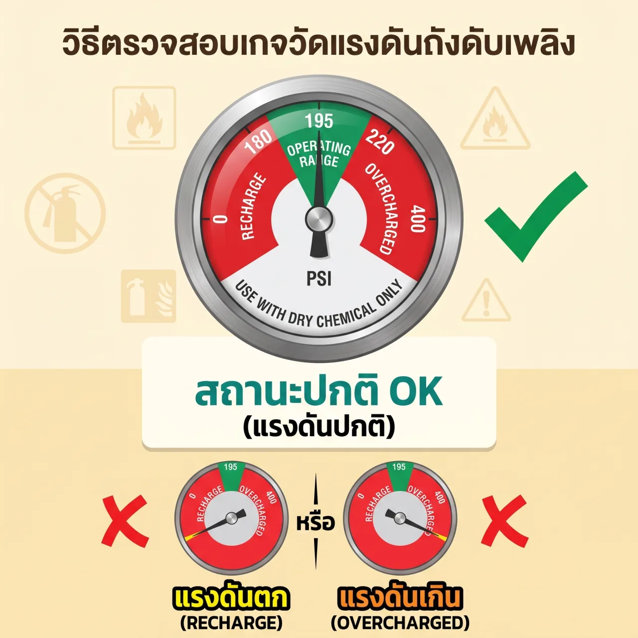 อินโฟกราฟิกวิธีตรวจสอบเกจวัดแรงดันถังดับเพลิง — โซนเขียวปกติ แรงดันตก และแรงดันเกิน — SAFETYMAN