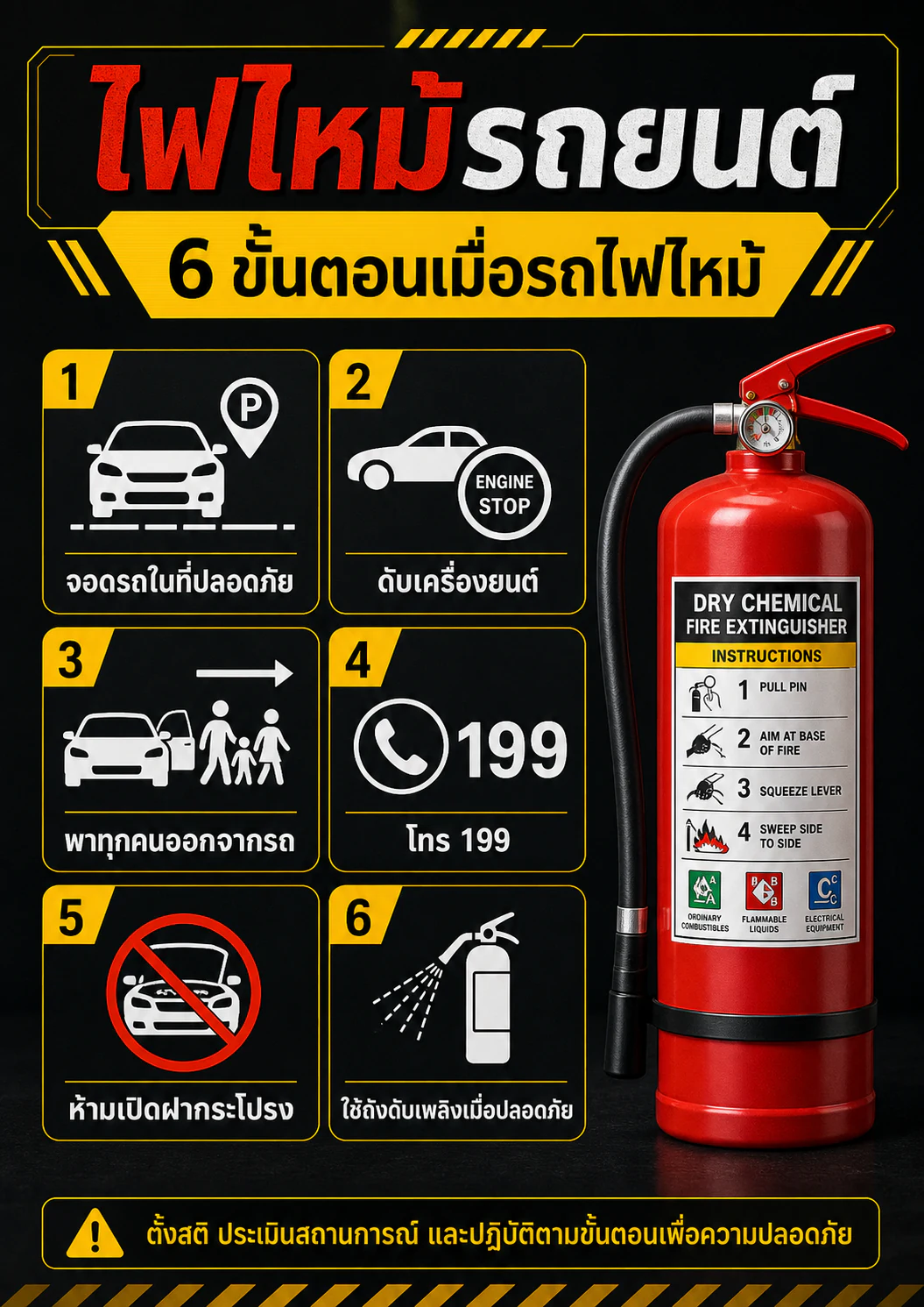 อินโฟกราฟิก: ไฟไหม้รถยนต์ 6 วิธีปฏิบัติและทำไมต้องมีถังดับเพลิงติดรถ