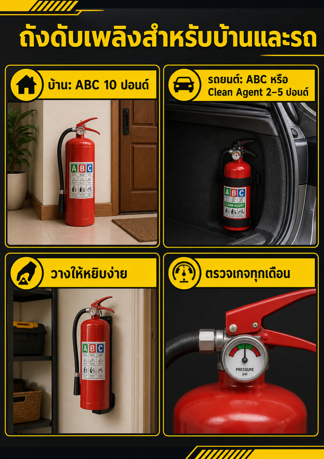 อินโฟกราฟิก: ถังดับเพลิงติดบ้านและรถ ควรใช้แบบไหน ขนาดเท่าไร