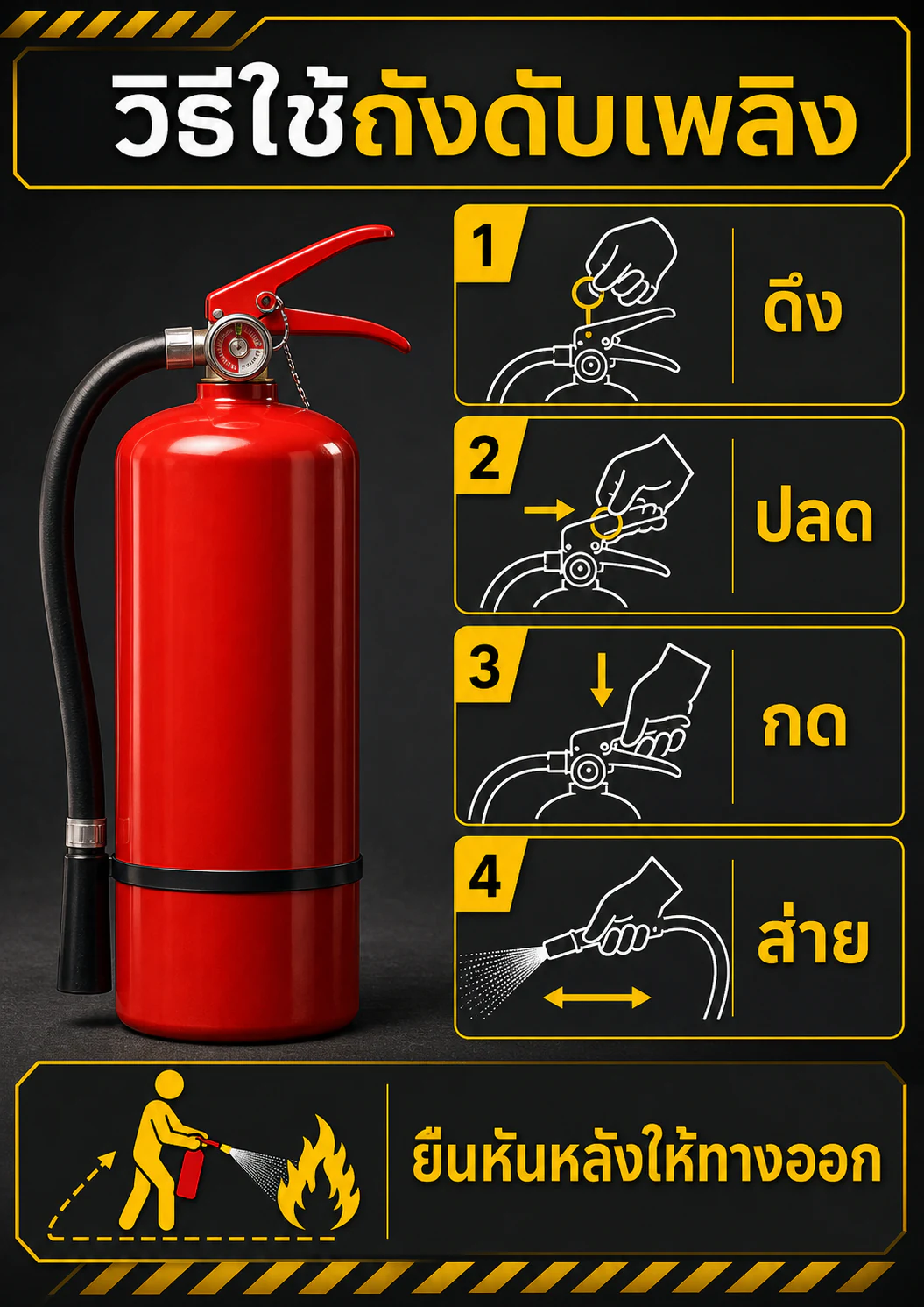 อินโฟกราฟิก: วิธีใช้ถังดับเพลิง ดึง ปลด กด ส่าย (PASS) 4 ขั้นตอน