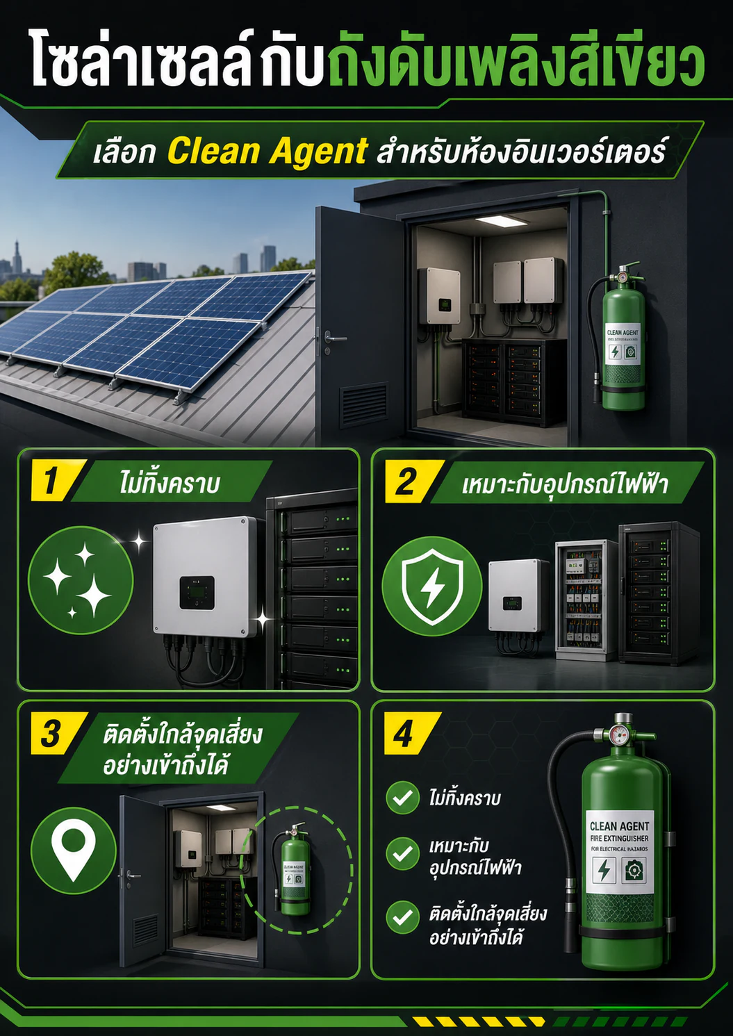 อินโฟกราฟิก: โซล่าเซลล์ ควรใช้ถังดับเพลิงสีเขียว Clean Agent ไหม